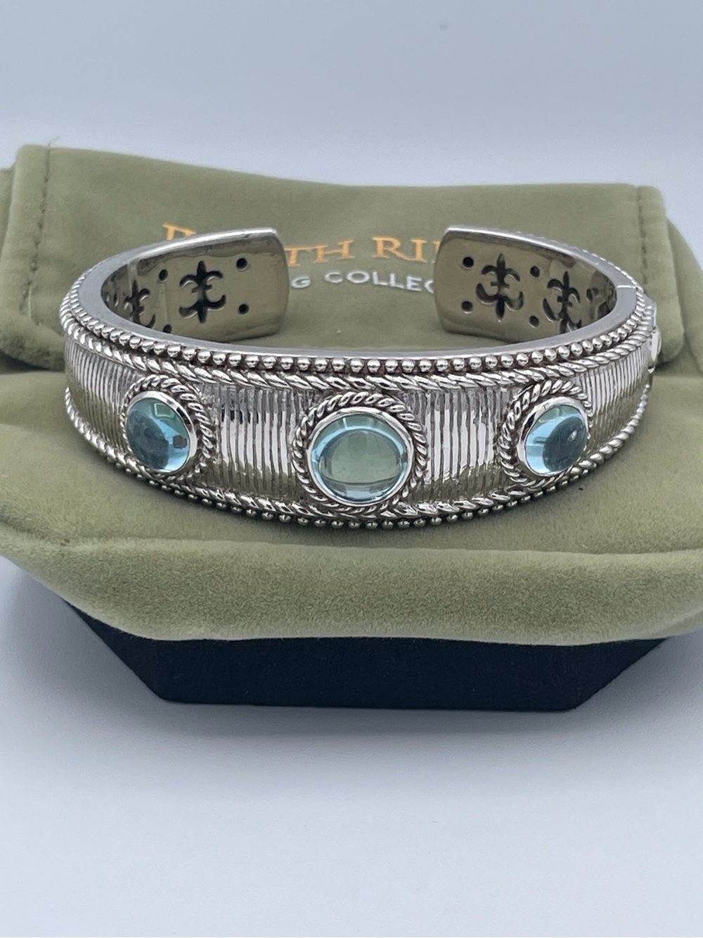 Judith Ripka Sterling Silver 925 Aquamarine Cabochon Wide Cuff Bracelet 62grams